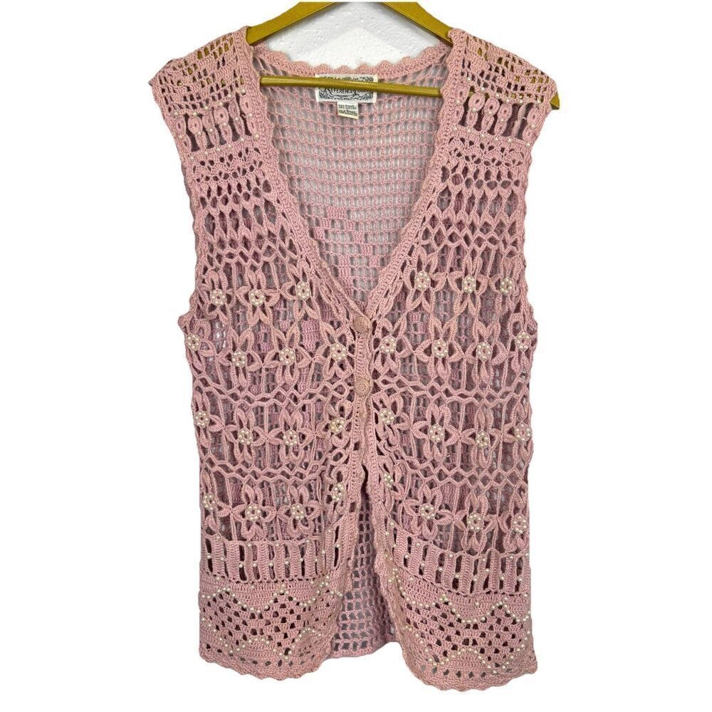Vintage Crochet Tank Top Long Vest Size L Pink Boho Hippie Fairy Embellished Y2K